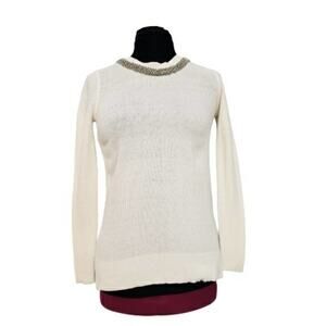 NWT Love by Design Embellished Neckline Split Back Cream Knit Sweater Large